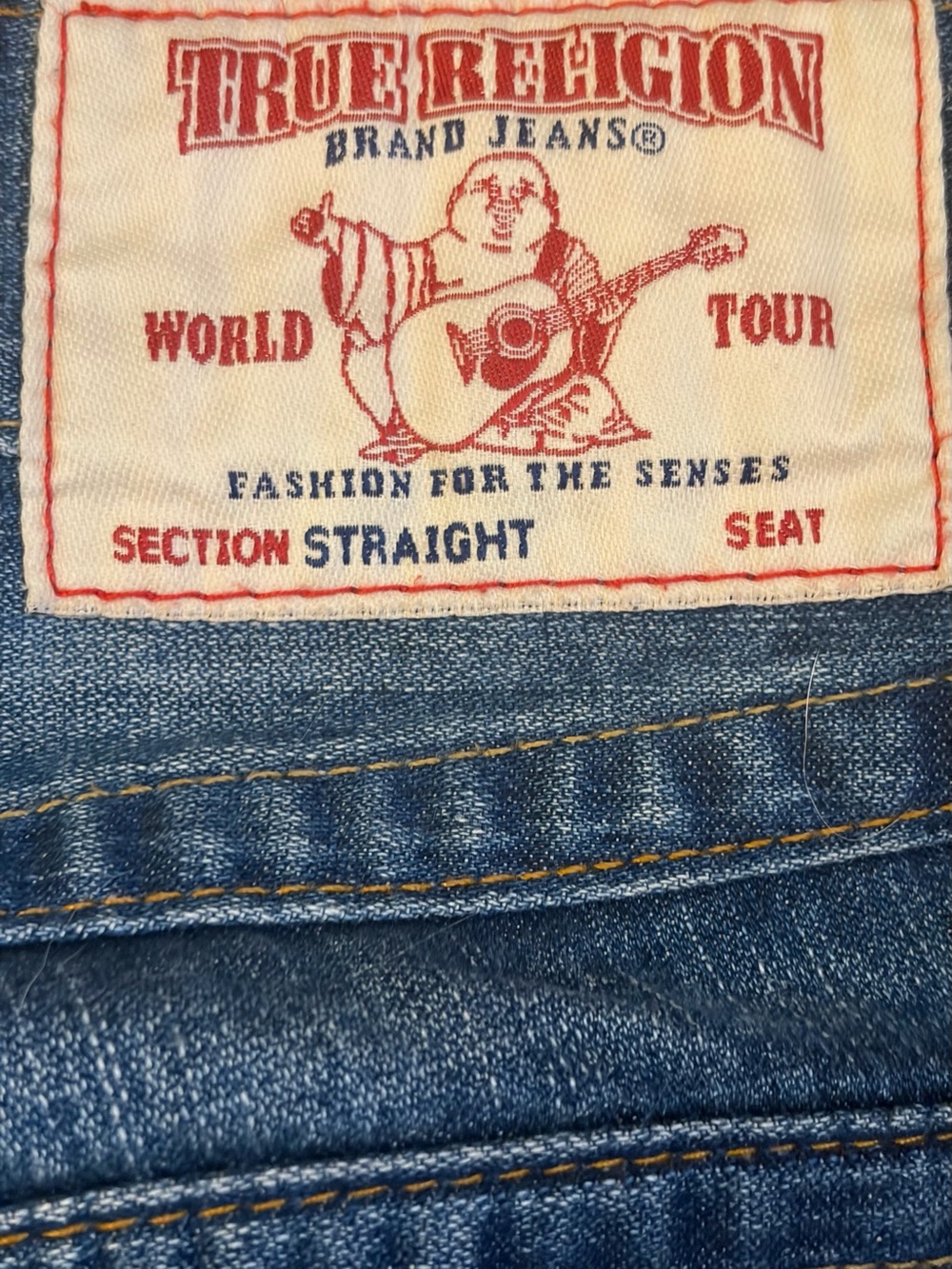 True Religion Men's Straight Jeans in Blue with Gold Stitching